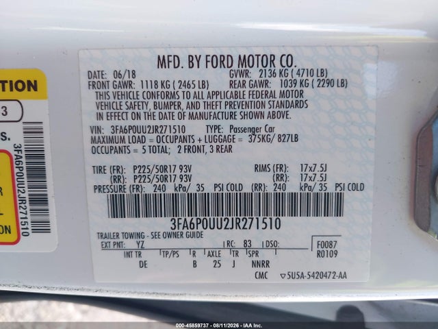 Aukcja sprzedaży 2018 Ford Fusion Hybrid S, vin: 3FA6P0UU2JR271510, numer aukcji: 45859737