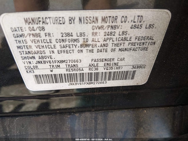 45859740 :رقم المزاد ، JNKBV61FX8M270663 vin ، 2008 Infiniti G35x مزاد بيع
