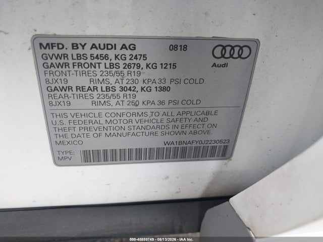 Aukcja sprzedaży 2018 Audi Q5 2.0t Premium/2.0t Tech Premium, vin: WA1BNAFY0J2230523, numer aukcji: 45859749