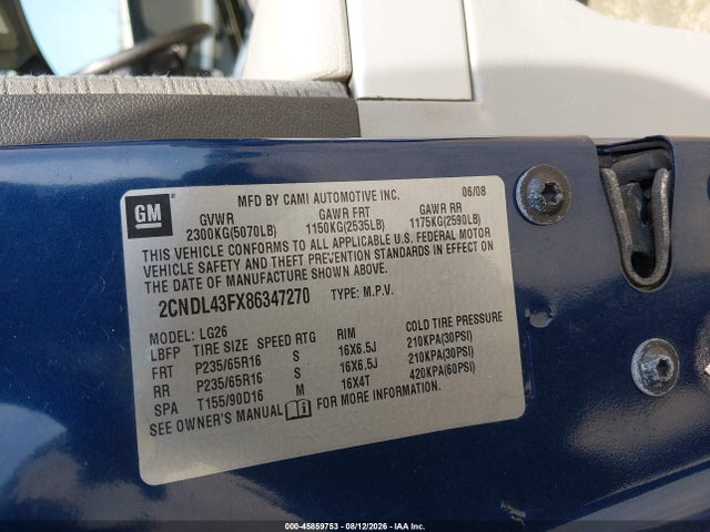 45859753 :رقم المزاد ، 2CNDL43FX86347270 vin ، 2008 Chevrolet Equinox Lt مزاد بيع