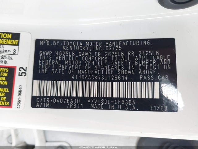 Продажа на аукционе авто 2025 Toyota Camry Se, vin: 4T1DAACK4SU126614, номер лота: 45859755