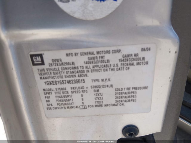 Продажа на аукционе авто 2004 Gmc Envoy Xl Sle, vin: 1GKES16S746235615, номер лота: 45859788