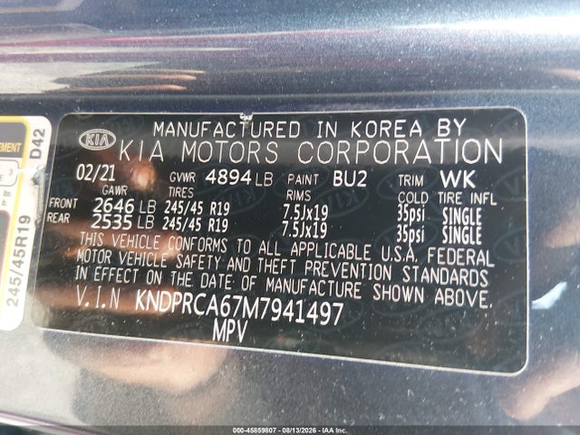 45859807 :رقم المزاد ، KNDPRCA67M7941497 vin ، 2021 Kia Sportage Sx Turbo مزاد بيع