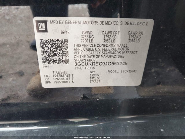 Продаж на аукціоні авто 2018 Chevrolet Silverado 1500 2lt, vin: 3GCUKREC9JG553245, номер лоту: 45859814