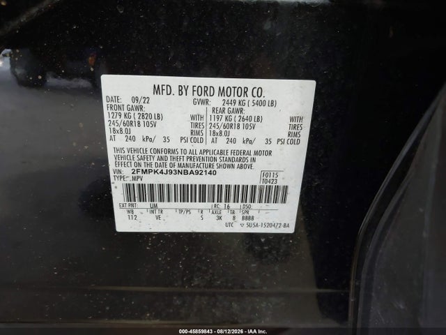 2022 Ford Edge Sel მანქანა იყიდება აუქციონზე, vin: 2FMPK4J93NBA92140, აუქციონის ნომერი: 45859843