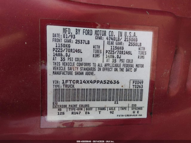Aukcja sprzedaży 1993 Ford Ranger Super Cab, vin: 1FTCR14X4PPA52636, numer aukcji: 45859846