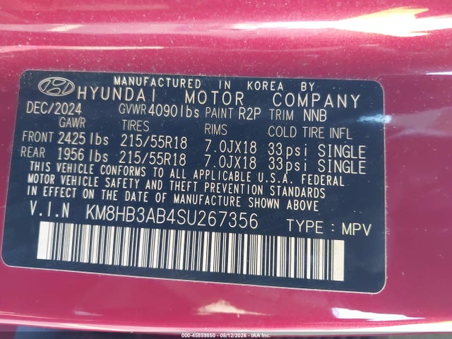 Aukcja sprzedaży 2025 Hyundai Kona Sel, vin: KM8HB3AB4SU267356, numer aukcji: 45859850