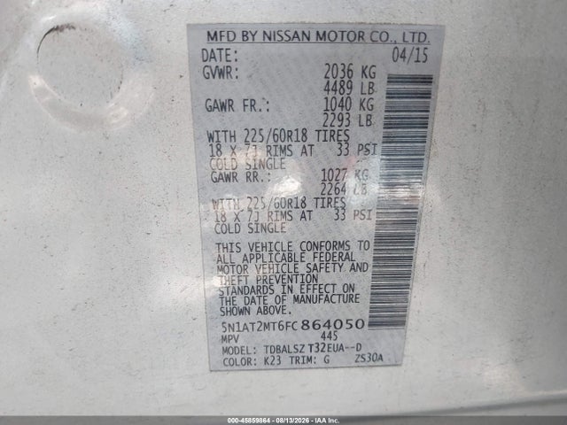 45859864 :رقم المزاد ، 5N1AT2MT6FC864050 vin ، 2015 Nissan Rogue Sl مزاد بيع