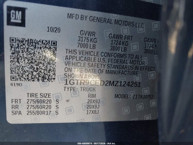 45859874 :رقم المزاد ، 1GTR9CED2MZ124251 vin ، 2021 Gmc Sierra 1500 4wd  Standard Box Elevation مزاد بيع