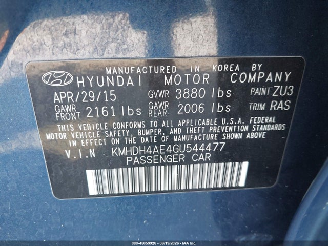 Продажа на аукционе авто 2016 Hyundai Elantra Se, vin: KMHDH4AE4GU544477, номер лота: 45859926