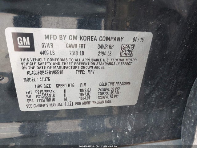 45859931 :رقم المزاد ، KL4CJFSB4FB195510 vin ، 2015 Buick Encore Convenience مزاد بيع