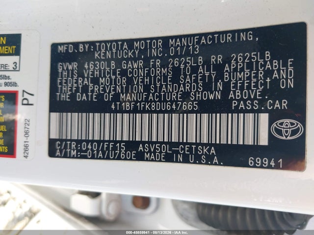 Aukcja sprzedaży 2013 Toyota Camry Se, vin: 4T1BF1FK8DU647665, numer aukcji: 45859941