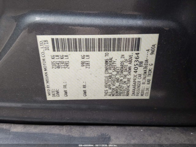 2018 Nissan Maxima 3.5 Sl მანქანა იყიდება აუქციონზე, vin: 1N4AA6AP4JC405364, აუქციონის ნომერი: 45859944