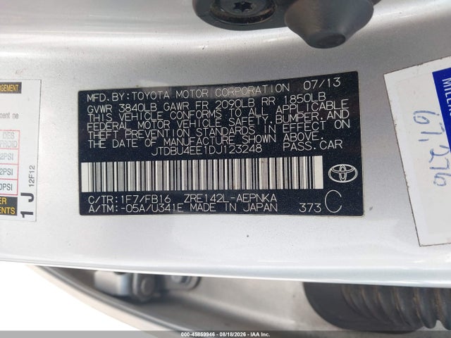 45859946 :رقم المزاد ، JTDBU4EE1DJ123248 vin ، 2013 Toyota Corolla Le مزاد بيع