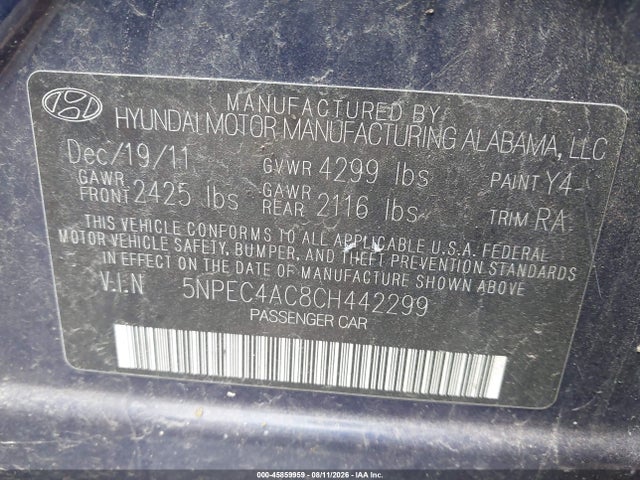 Aukcja sprzedaży 2012 Hyundai Sonata Se, vin: 5NPEC4AC8CH442299, numer aukcji: 45859959