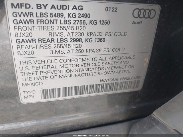 45859961 :رقم المزاد ، WA15AAFY2N2061961 vin ، 2022 Audi Q5 Sportback Premium Plus 45 Tfsi S Line Quattro S Tronic مزاد بيع