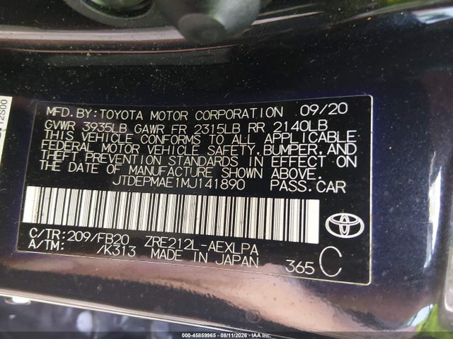 2021 Toyota Corolla Le მანქანა იყიდება აუქციონზე, vin: JTDEPMAE1MJ141890, აუქციონის ნომერი: 45859965