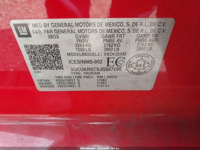 Aukcja sprzedaży 2018 Chevrolet Silverado 1500 1lt, vin: 3GCUKREC5JG507198, numer aukcji: 45859966
