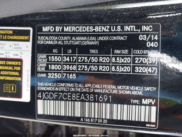 45859967 :رقم المزاد ، 4JGDF7CE8EA381691 vin ، 2014 Mercedes-benz Gl 450 4matic مزاد بيع