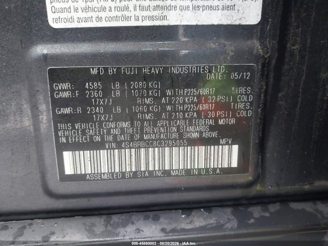 45860002 :رقم المزاد ، 4S4BRBCC8C3295055 vin ، 2012 Subaru Outback 2.5i Premium مزاد بيع