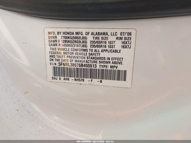 Продажа на аукционе авто 2006 Honda Odyssey Ex-l, vin: 5FNRL38676B455513, номер лота: 45860003