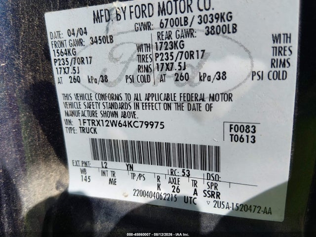 2004 Ford F-150 Stx/xl/xlt მანქანა იყიდება აუქციონზე, vin: 1FTRX12W64KC79975, აუქციონის ნომერი: 45860007
