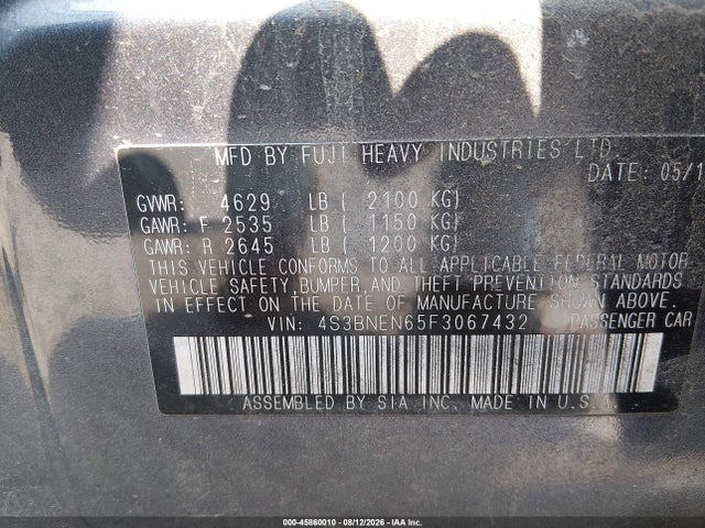 45860010 :رقم المزاد ، 4S3BNEN65F3067432 vin ، 2015 Subaru Legacy 3.6r Limited مزاد بيع