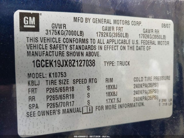 45860012 :رقم المزاد ، 1GCEK19JX8Z127038 vin ، 2008 Chevrolet Silverado K1500 مزاد بيع