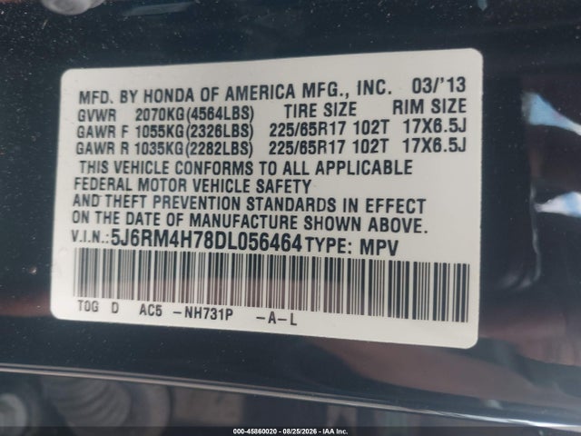 Aukcja sprzedaży 2013 Honda Cr-v Ex-l, vin: 5J6RM4H78DL056464, numer aukcji: 45860020
