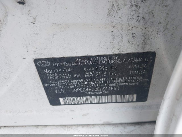 5NPEB4AC0EH914663 Hyundai SONATA GLS