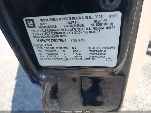 Продаж на аукціоні авто 2003 Chevrolet Suburban 1500 Z71, vin: 3GNFK16Z03G212064, номер лоту: 45860035