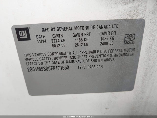 45860039 :رقم المزاد ، 2G61M5S30F9171653 vin ، 2015 Cadillac Xts Luxury مزاد بيع