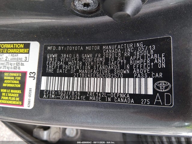 Продажа на аукционе авто 2013 Toyota Corolla Le, vin: 2T1BU4EE9DC092570, номер лота: 45860042