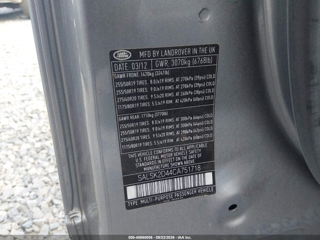 45860056 :رقم المزاد ، SALSK2D44CA751718 vin ، 2012 Land Rover Range Rover Sport Hse مزاد بيع