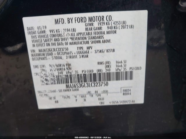 Продажа на аукционе авто 2020 Ford Ecosport Se, vin: MAJ6S3GL3LC323750, номер лота: 45860062