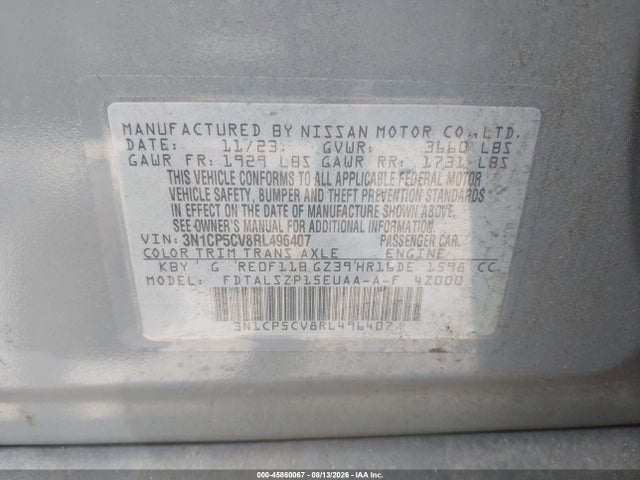 Продаж на аукціоні авто 2024 Nissan Kicks Sv Xtronic Cvt, vin: 3N1CP5CV8RL496407, номер лоту: 45860067
