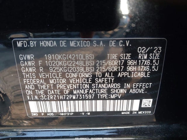 Aukcja sprzedaży 2023 Honda Hr-v 2wd Ex-l, vin: 3CZRZ1H72PM731597, numer aukcji: 45860071