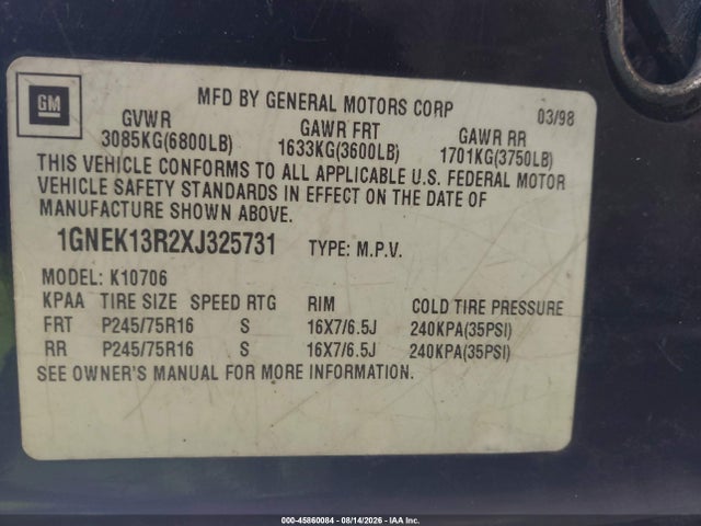 1999 Chevrolet Tahoe Ls მანქანა იყიდება აუქციონზე, vin: 1GNEK13R2XJ325731, აუქციონის ნომერი: 45860084