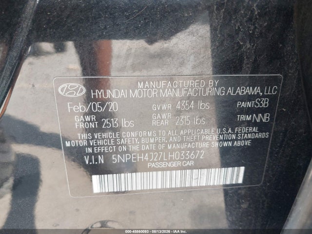 Продажа на аукционе авто 2020 Hyundai Sonata Limited, vin: 5NPEH4J27LH033672, номер лота: 45860093