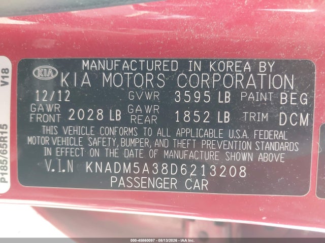 Aukcja sprzedaży 2013 Kia Rio Lx, vin: KNADM5A38D6213208, numer aukcji: 45860097