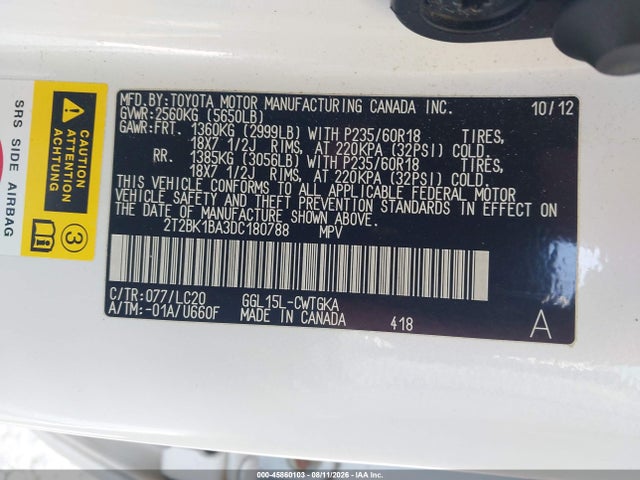 45860103 :رقم المزاد ، 2T2BK1BA3DC180788 vin ، 2013 Lexus Rx 350 مزاد بيع