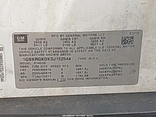45860108 :رقم المزاد ، 1GNKRGKDXDJ152544 vin ، 2013 Chevrolet Traverse 1lt مزاد بيع