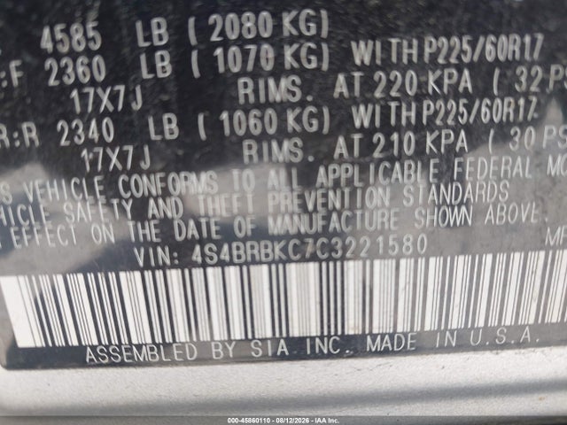 45860110 :رقم المزاد ، 4S4BRBKC7C3221580 vin ، 2012 Subaru Outback 2.5i Limited مزاد بيع