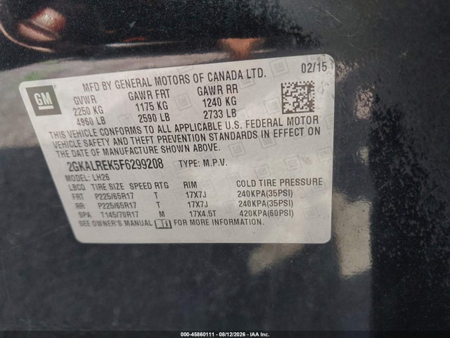 Продаж на аукціоні авто 2015 Gmc Terrain Sle-2, vin: 2GKALREK5F6299208, номер лоту: 45860111