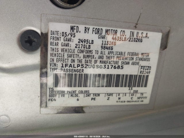45860115 :رقم المزاد ، 1FALP52U0SG317685 vin ، 1995 Ford Taurus Gl/se مزاد بيع