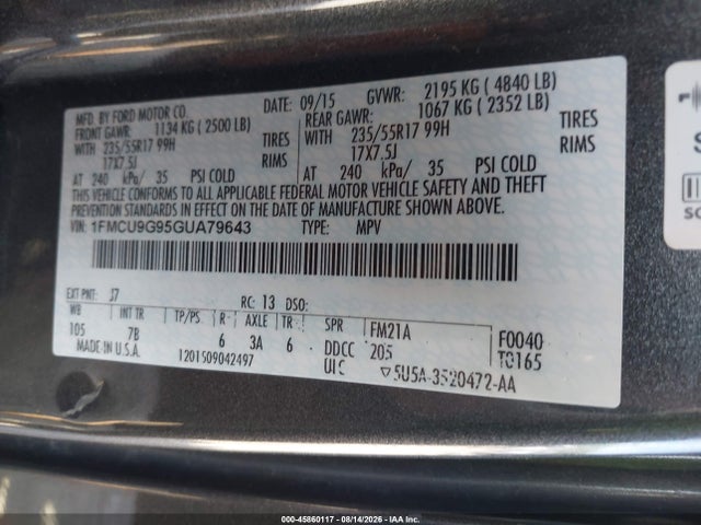 45860117 :رقم المزاد ، 1FMCU9G95GUA79643 vin ، 2016 Ford Escape Se مزاد بيع