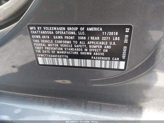 Aukcja sprzedaży 2017 Volkswagen Passat 1.8t Sel Premium, vin: 1VWCT7A34HC037775, numer aukcji: 45860121
