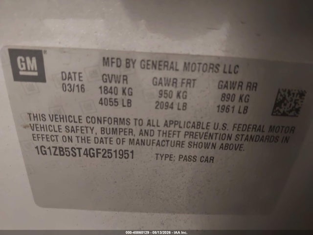 45860129 :رقم المزاد ، 1G1ZB5ST4GF251951 vin ، 2016 Chevrolet Malibu Ls مزاد بيع