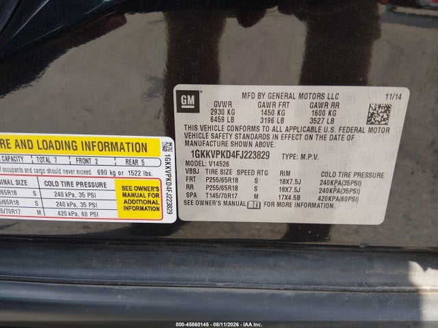 Aukcja sprzedaży 2015 Gmc Acadia Sle-2, vin: 1GKKVPKD4FJ223829, numer aukcji: 45860145