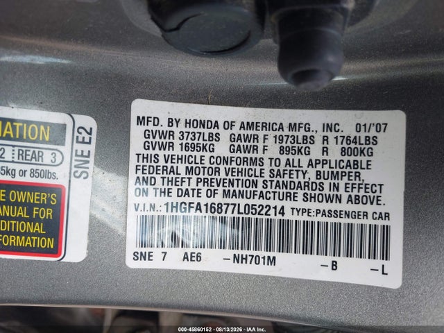 Продаж на аукціоні авто 2007 Honda Civic Ex, vin: 1HGFA16877L052214, номер лоту: 45860152